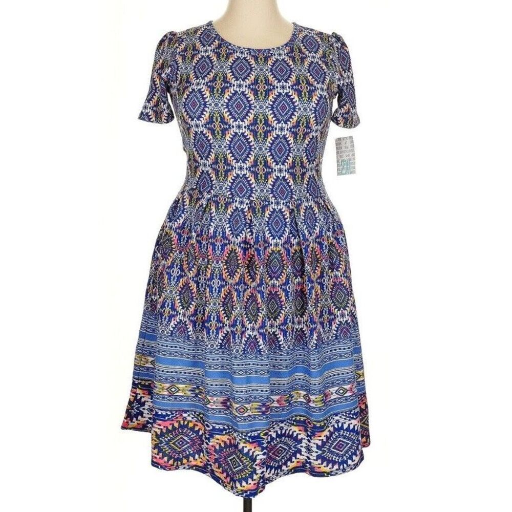 LuLaRoe Womens Dress Size 2XL Amelia Blue Pink Aztec Tribal Dipped 2X XXL NWT